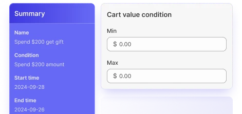 minimum and maximum cart value requirements for free gifts app