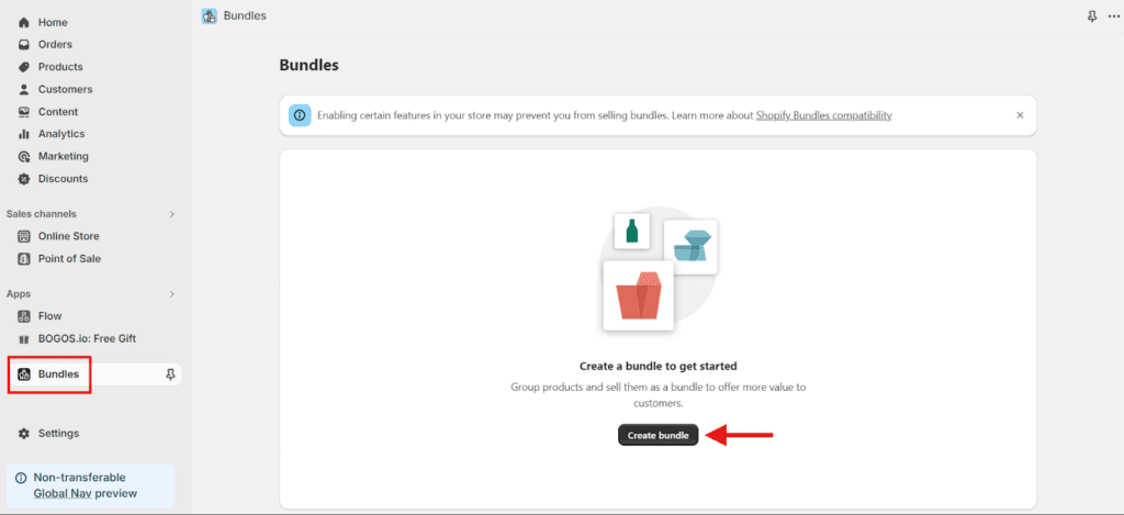 Step 1 click create bundle to create a bundle using Shopify Bundles
