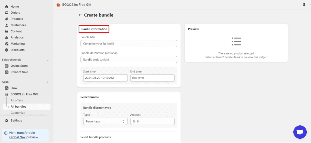 Step 2 add bundle information in using BOGOS to create a bundling product Shopify