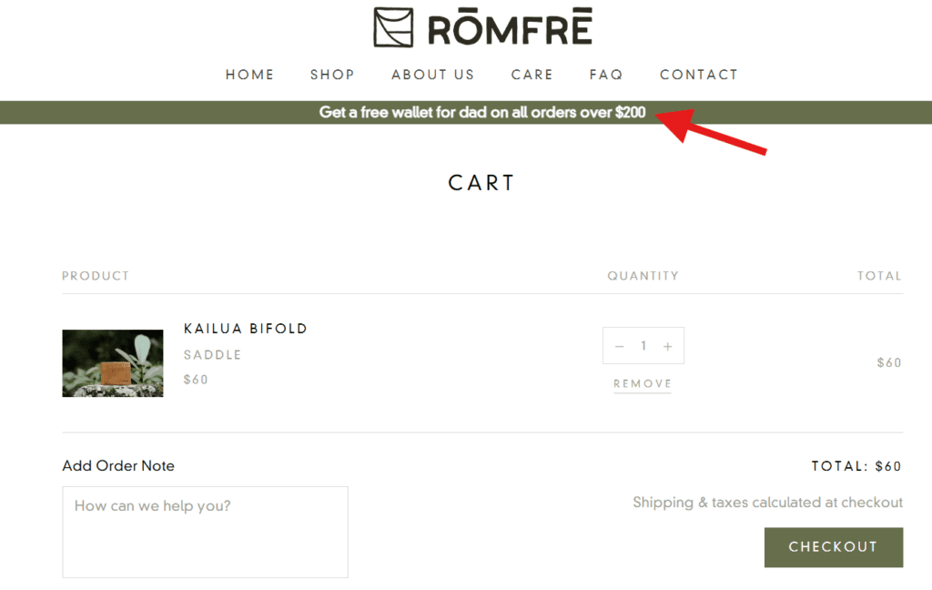 BOGOS cart messages helps ROMFRE notify Shopify shoppers about their Father's Day promotions