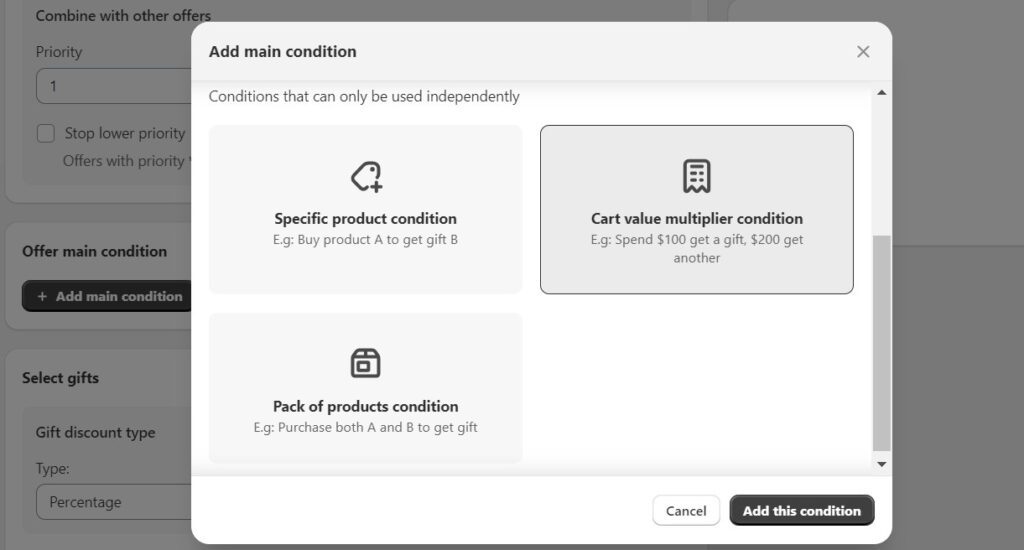 Cart value multiplier condition
