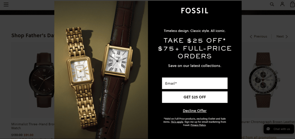 Fossil uses an enagaging popup to notify customers about the deals