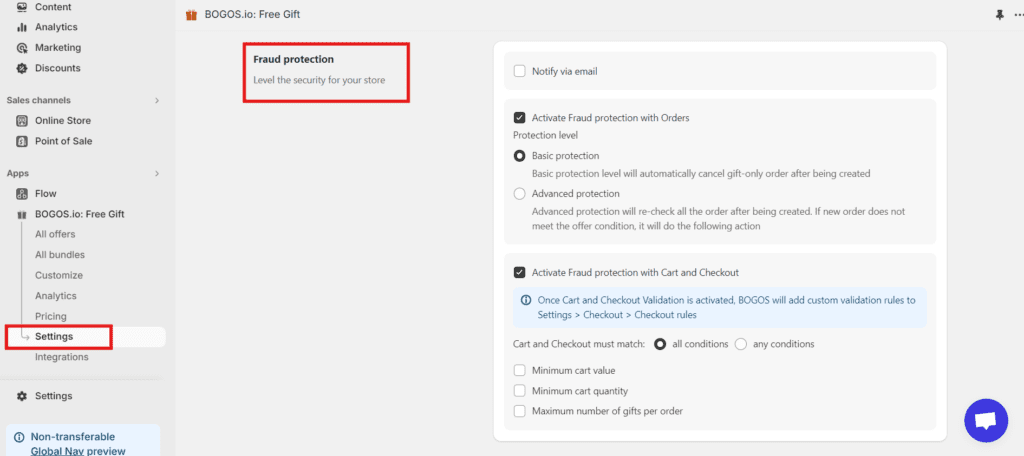 Fraud Protection in Settings within the BOGOS dashboard