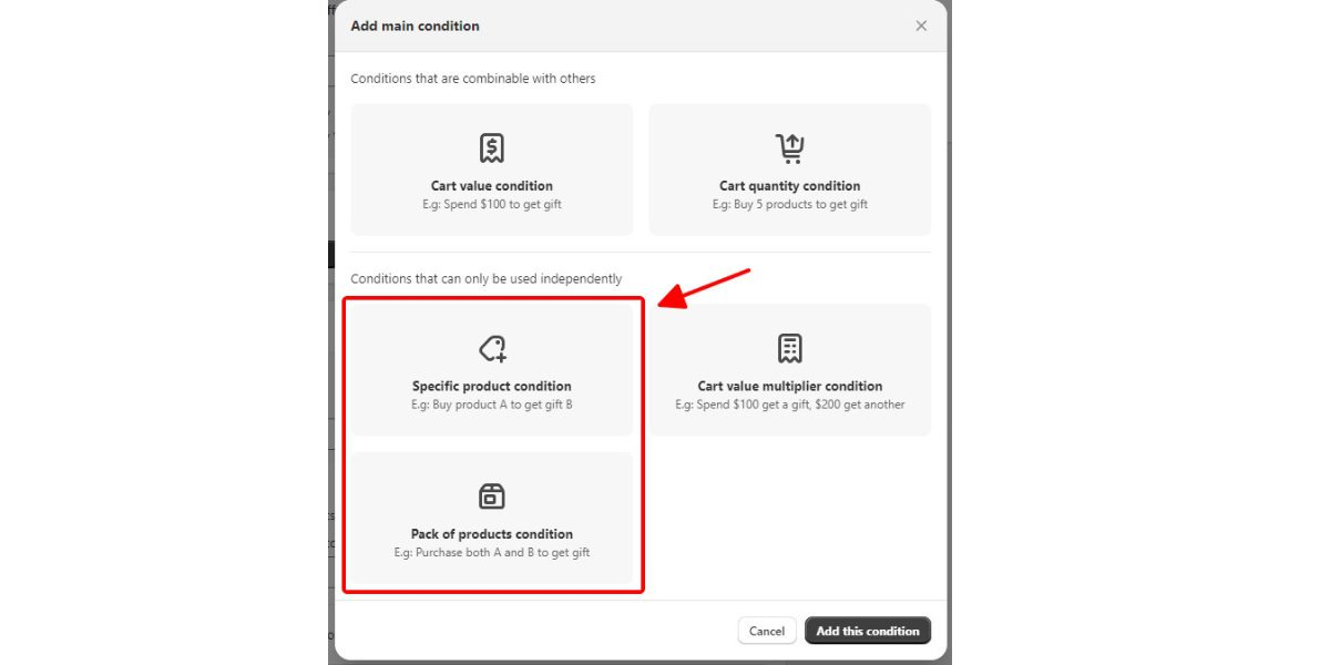 Choosing between "Specific product condition" or "Pack of products condition"