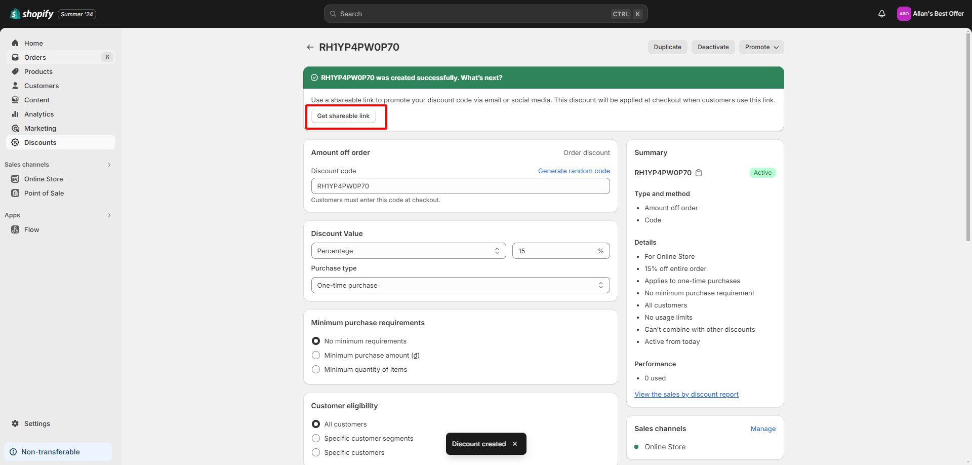 Get a shareable link of your discount code after you finish with the offer setting