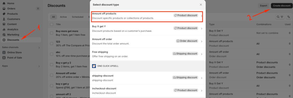 Click "Amount Off Products" in Shopify Discount Dashboard