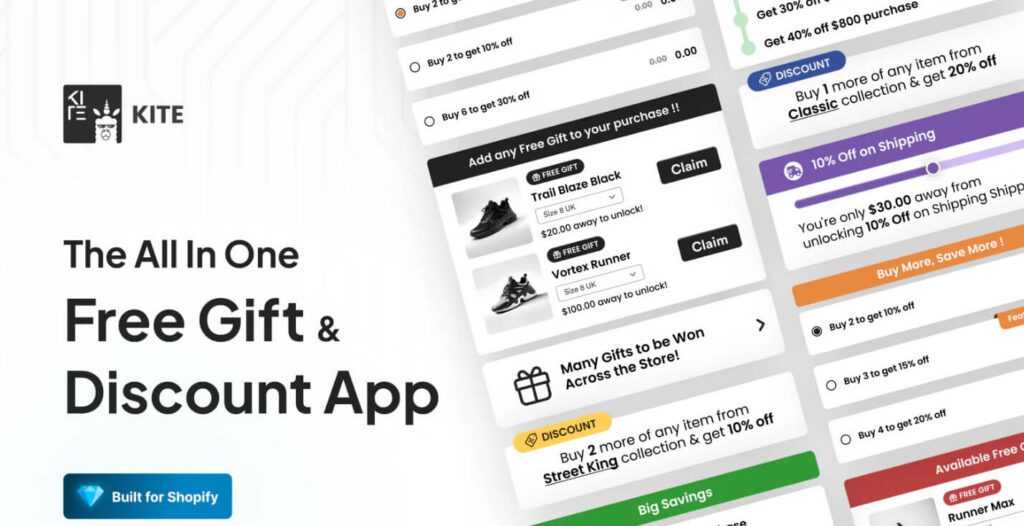 Kite aids you to create free gifts, discounts, free shipping, and buy X get Y offers