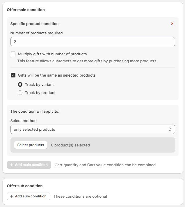 Select the number of products required to qualify for a gift