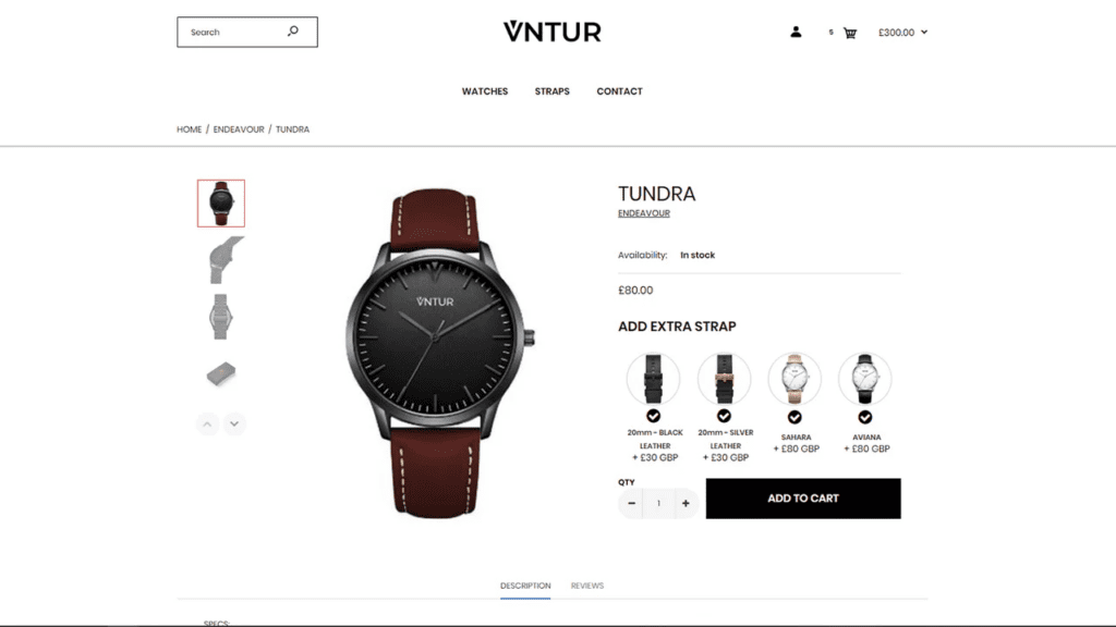 VNTR upsells extra straps for their Tundra watch with add-ons section, offering various styles and materials for an additional cost