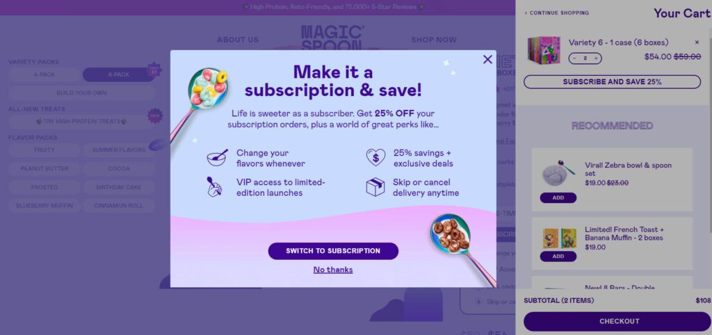 Magic Spoon upsell popup strategy 