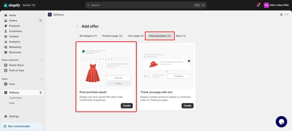 Choose "Post-purchase upsell" in the Selleasy offer dashboard.
