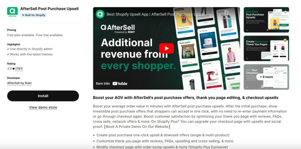 Aftersell Post Purchase Upsell Shopify app