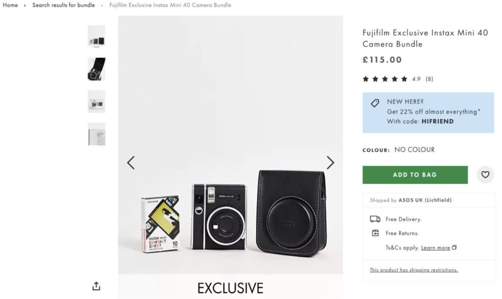 ASOS only sells the Instax mini 40 camera as a bundle that includes items that are not commonly bought alone