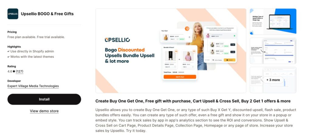 Upsellio lets you create offers like BOGO, free gifts, and cart upsells