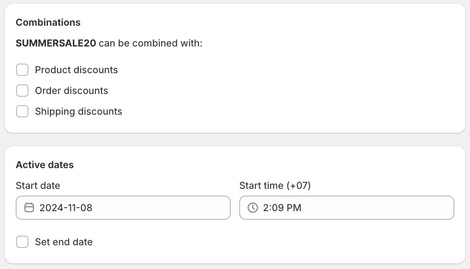 Set combinations and active dates