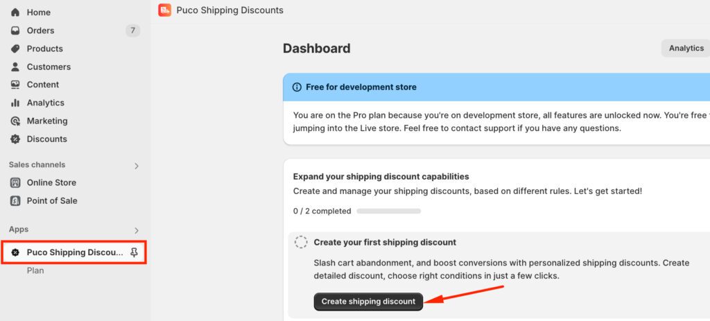 Create free shipping discount with Puco Shopify app