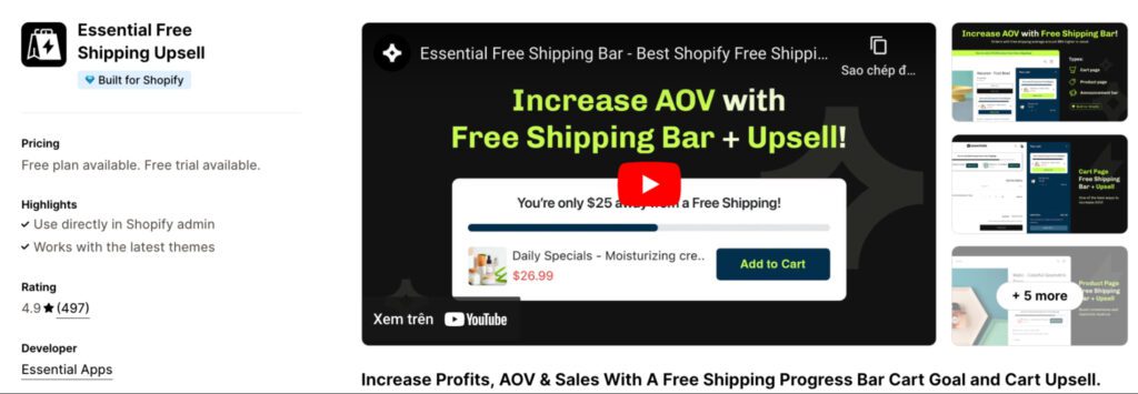 Essential Free Shipping Upsell Shopify app
