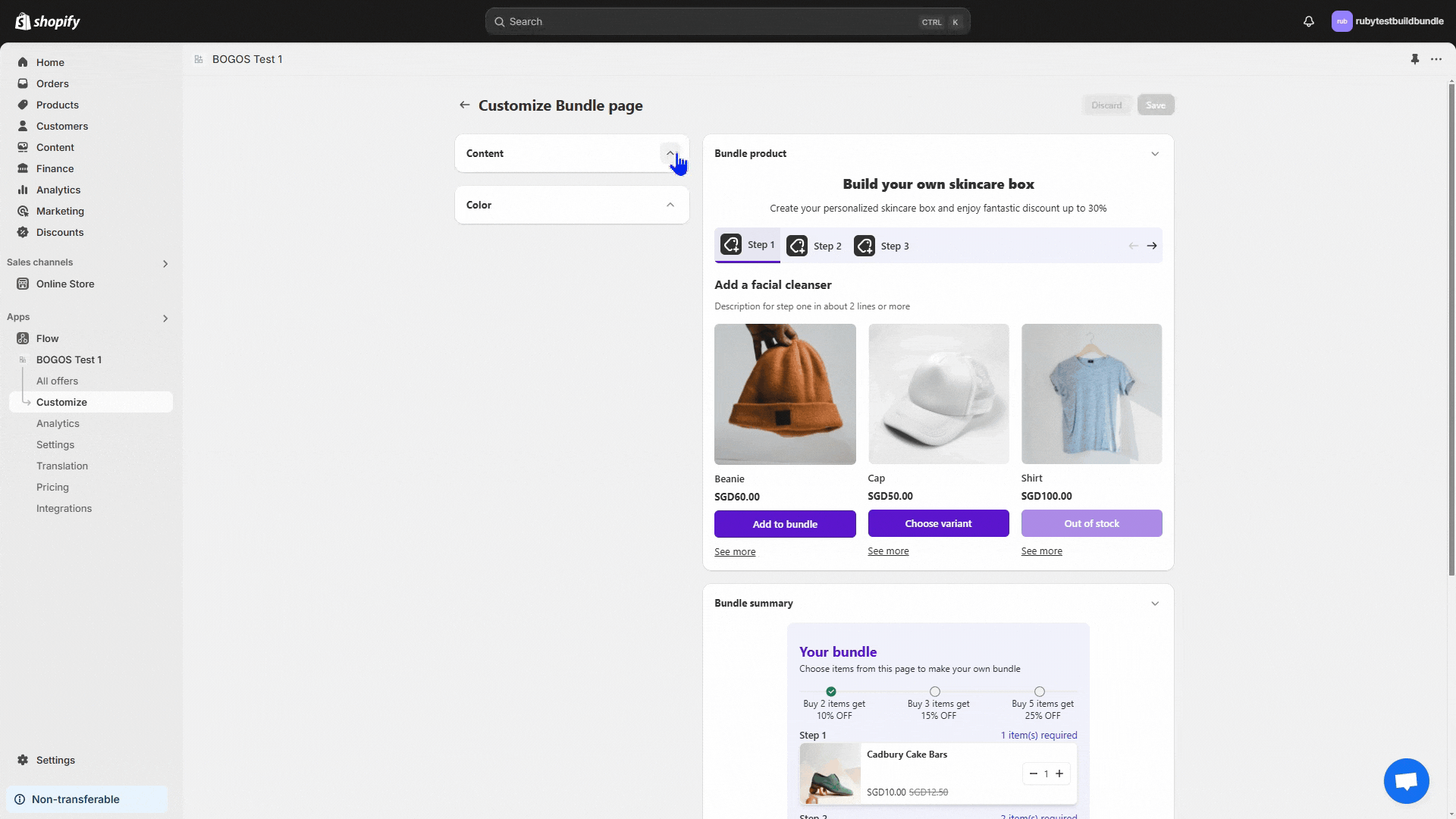 Customize content and color of the shopify build your bundle page by BOGOS