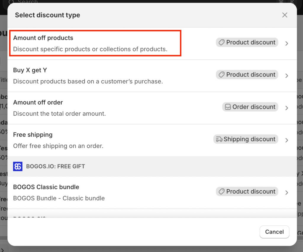 Choose "Amount off products" discount type