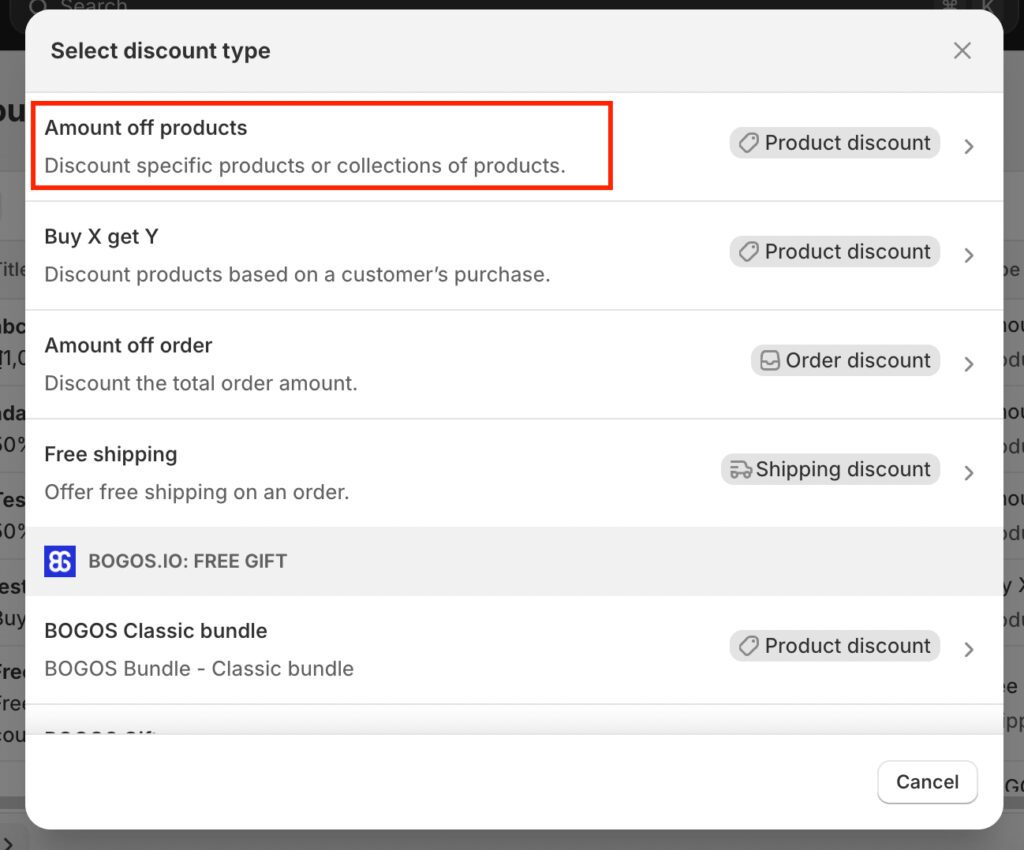 Choose "Amount off products" discount type
