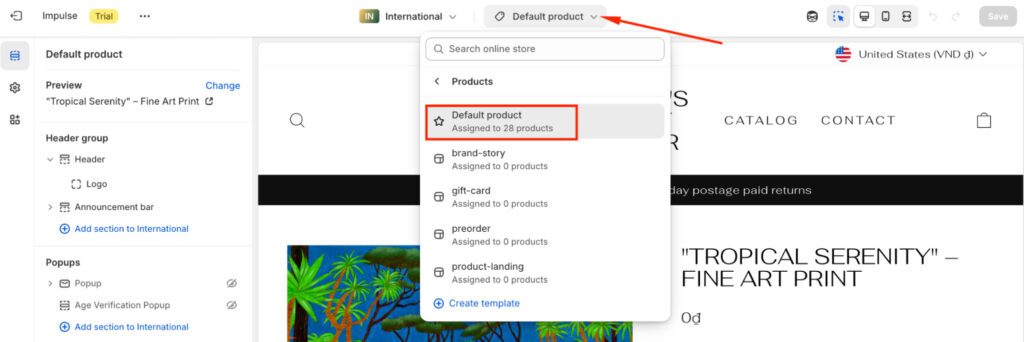 Access product template in the theme edior
